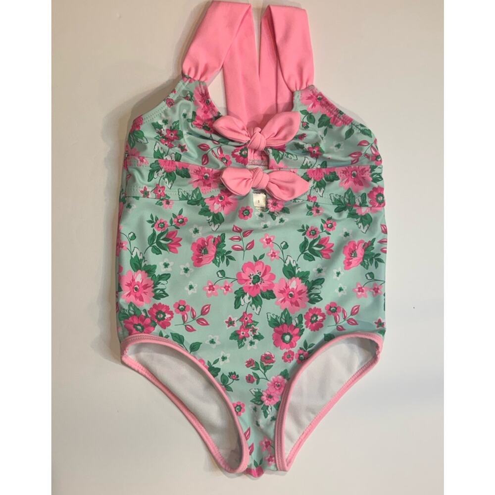 Nicole Miller Floral One Piece Swimsuit Ruffle Trim Cut Out Girls Size 5 New